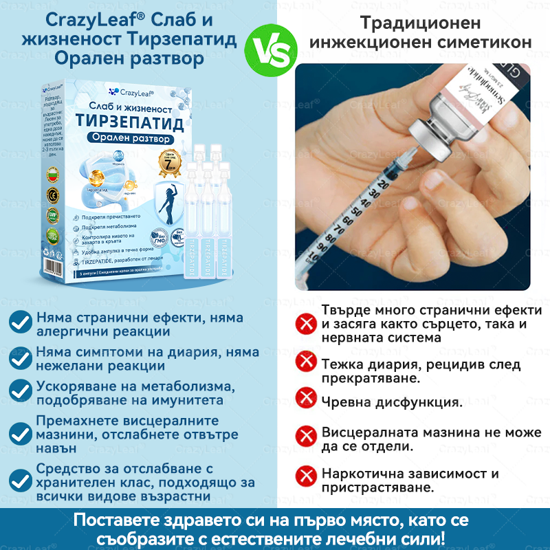 ✨България – Клинично потвърдено | Официален магазин | CrazyLeaf® Slim & Vitality Tirzepatide – орален разтвор, който подкрепя отслабването, кръвното налягане и нивата на захар