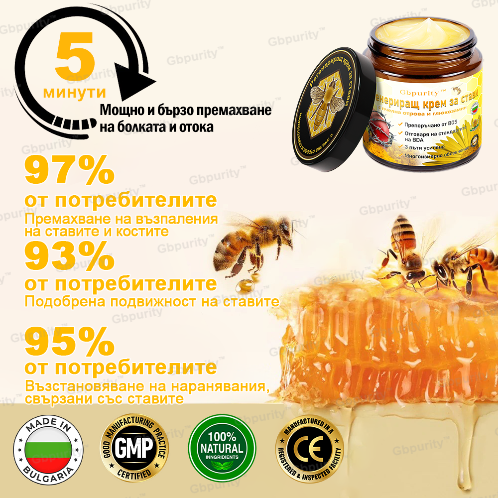 Gbpurity™ Регенериращ крем за стави с пчелна отрова и глюкозамин — Сертифициран от Българското ортопедично дружество (BOS)